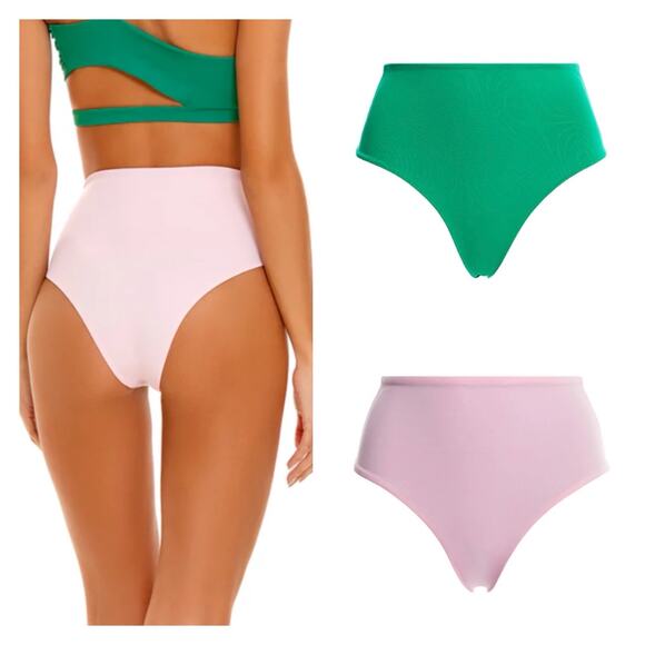 Agua Bendita Alicia Reversible Bikini Bottom Pink Green High Waisted Size Small - Picture 1 of 12